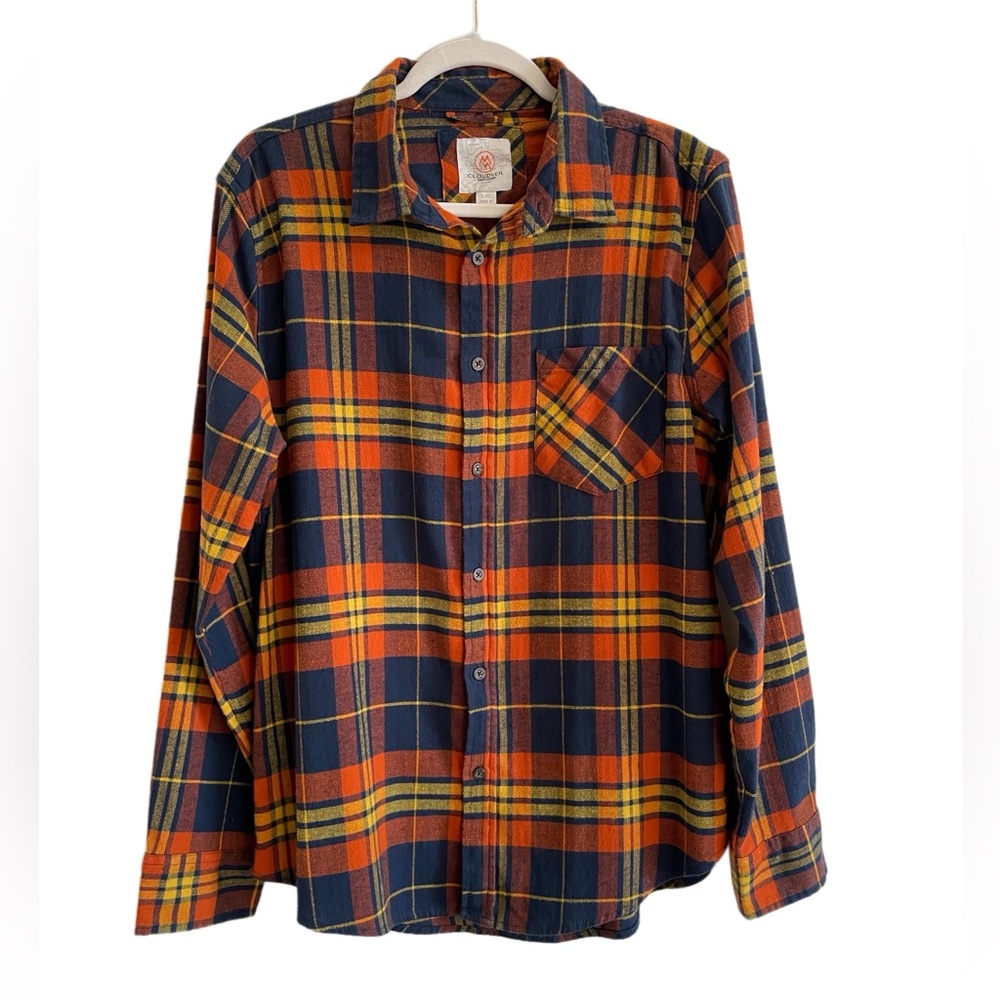 Cloudveil Plaid Blue Orange Button-Down Flannel Shirt - L